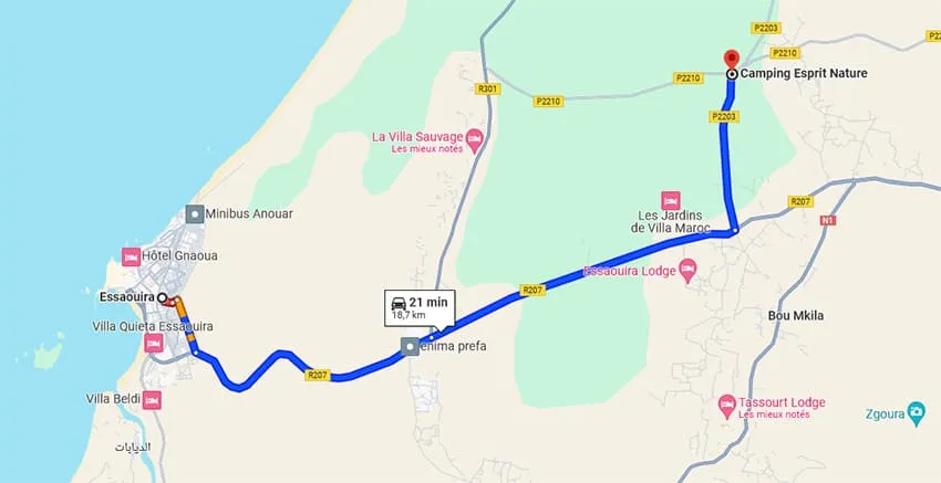 Camping Esprit Nature trajet depuis Essaouira